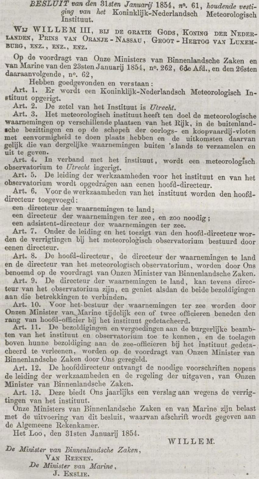 Oprichting KNMI, Nederlandsche staatscourant, 5 februari 1854 (Delpher)