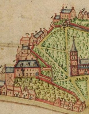 Terrein van het voormalige Minderbroederklooster (onderaan) op tekening landmeter Jan Rutgersz van den Berch, 1604