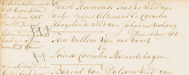 Trouwinschrijving Jan Willem van der Voort en Louisa Cornelia Meinertzhagen, 10-06-1766

